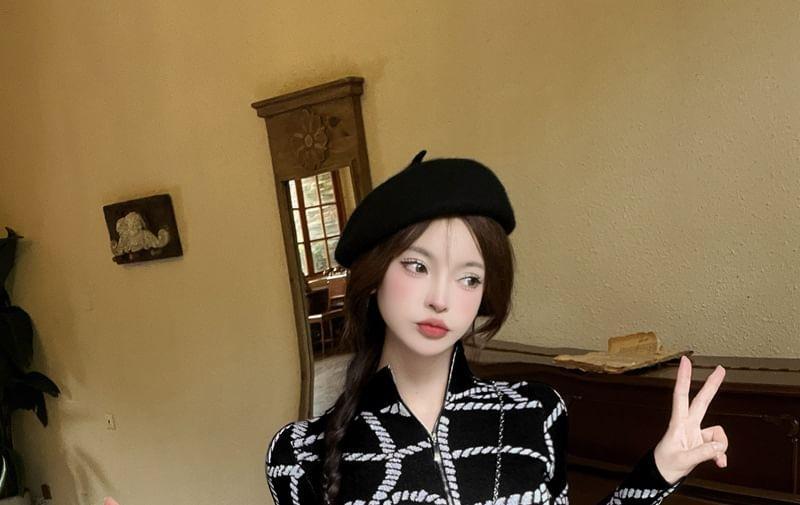 Long-Sleeve Collared Pattern Knit Mini Bodycon Dress Product Image