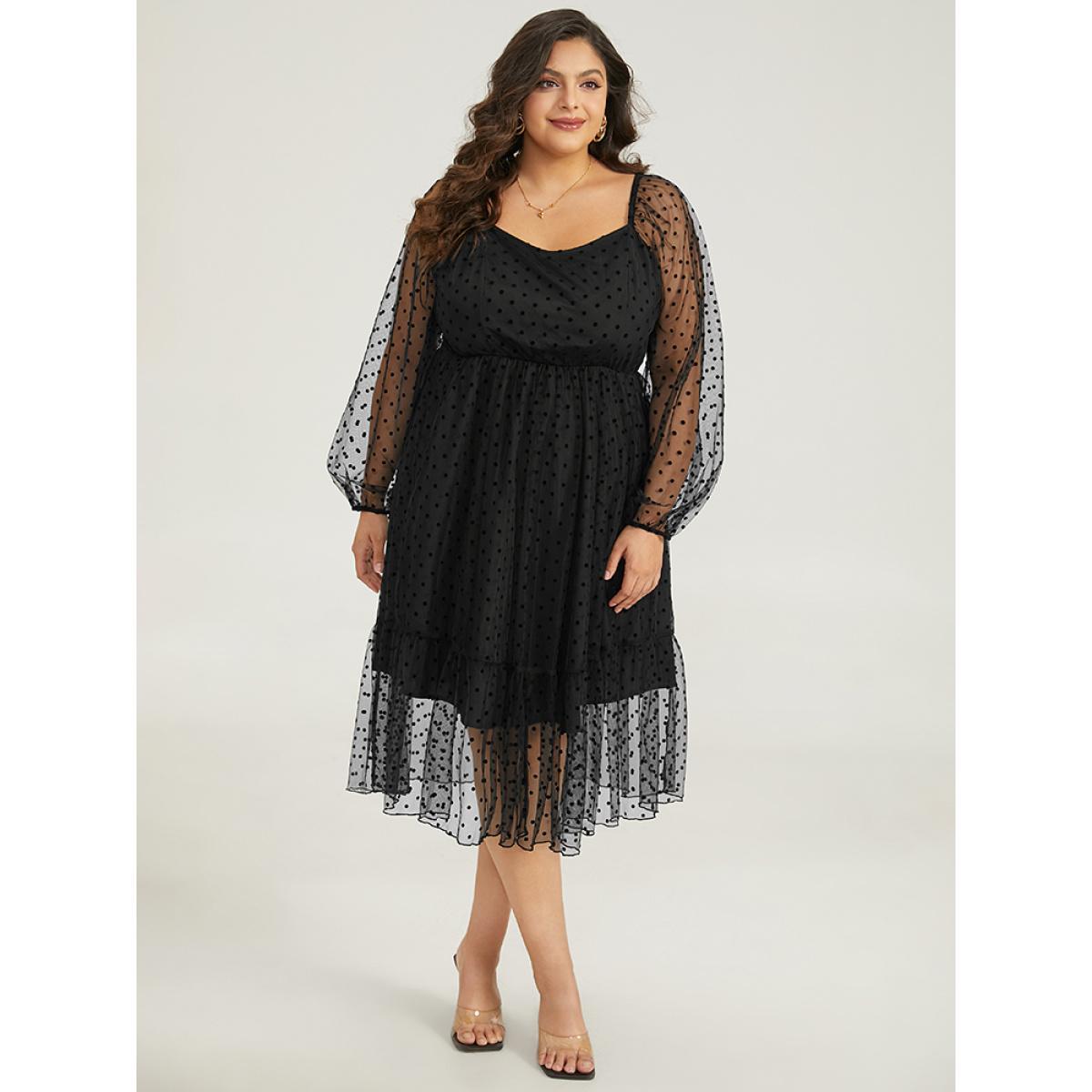 Plus Size Polka Dot Mesh Pocket Square Neck Dress Black Women Elegant Texture Square Neck Long Sleeve Curvy Midi Dress BloomChic 26/4X Product Image