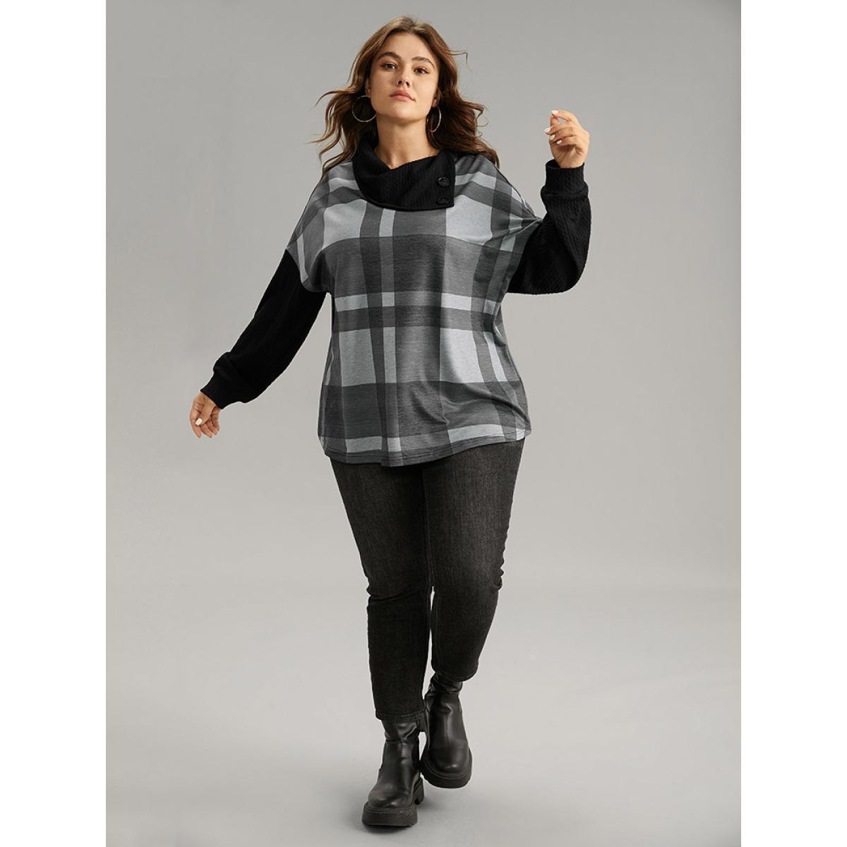 Plus Size Plaid Patchwork Mock Neck Button Detail Sweatshirt Women Black Casual Contrast Mock Neck Dailywear Sweatshirts BloomChic 18-20/2X Product Image