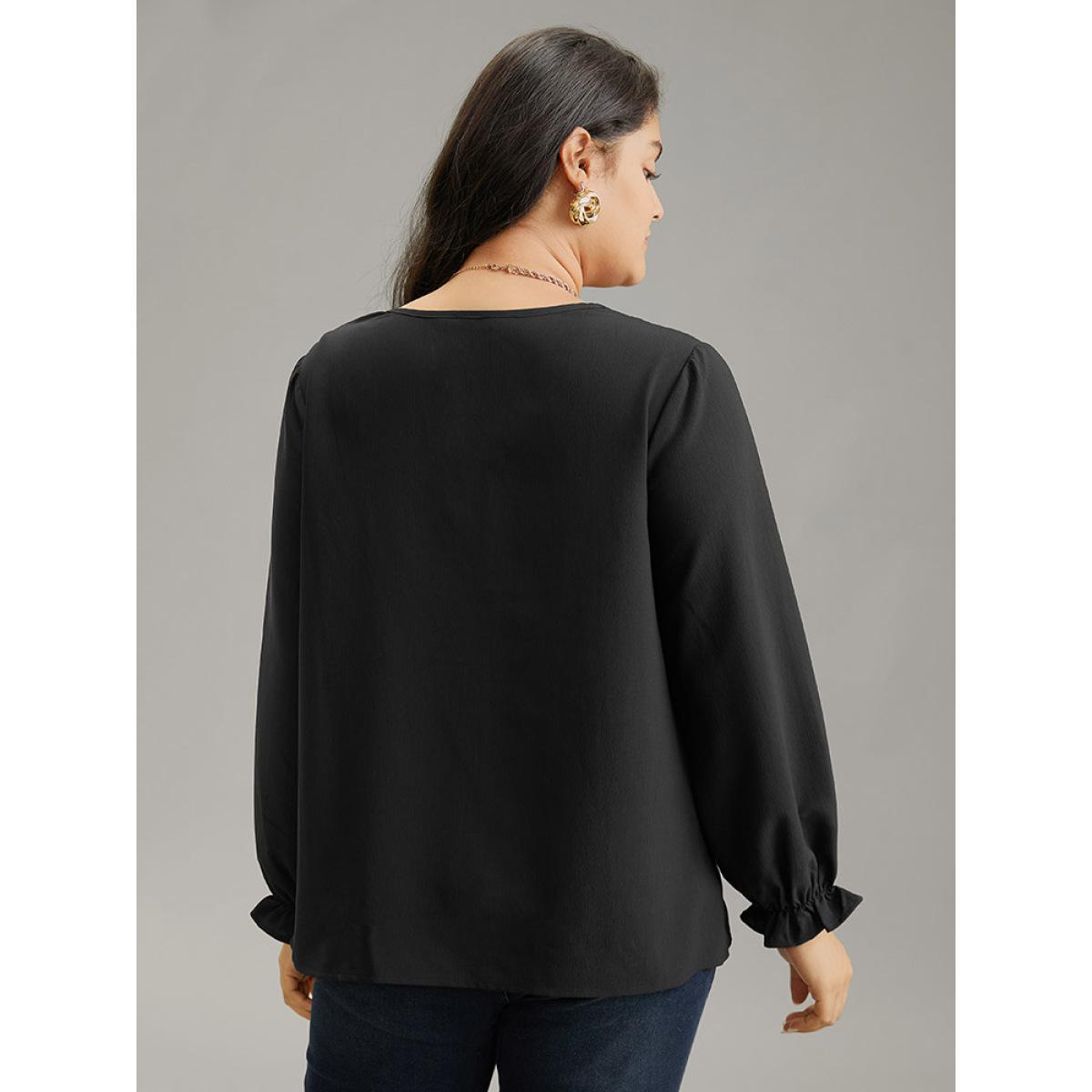 Plus Size Black Pleated Detail Contrast Lace Ruffle Blouse Women Elegant Long Sleeve Round Neck Dailywear Blouses BloomChic 12/L Product Image