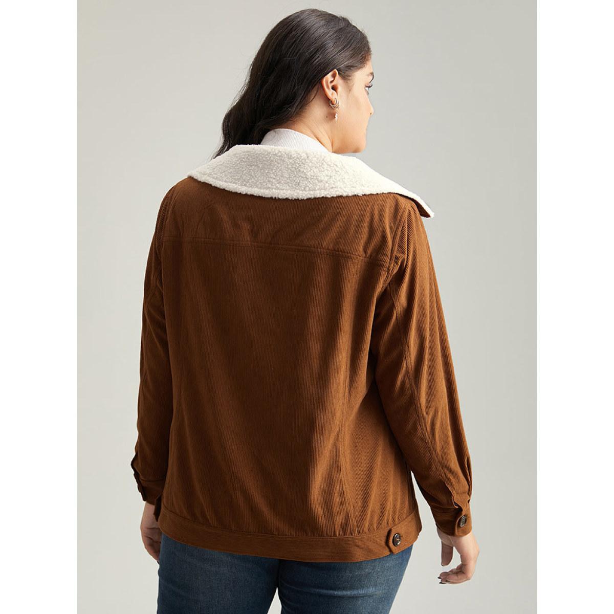 Plus Size Corduroy Lapel Collar Fuzzy Patchwork Button Fly Coat Women Maroon Casual Contrast Ladies Dailywear Winter Coats BloomChic 18-20/2X Product Image