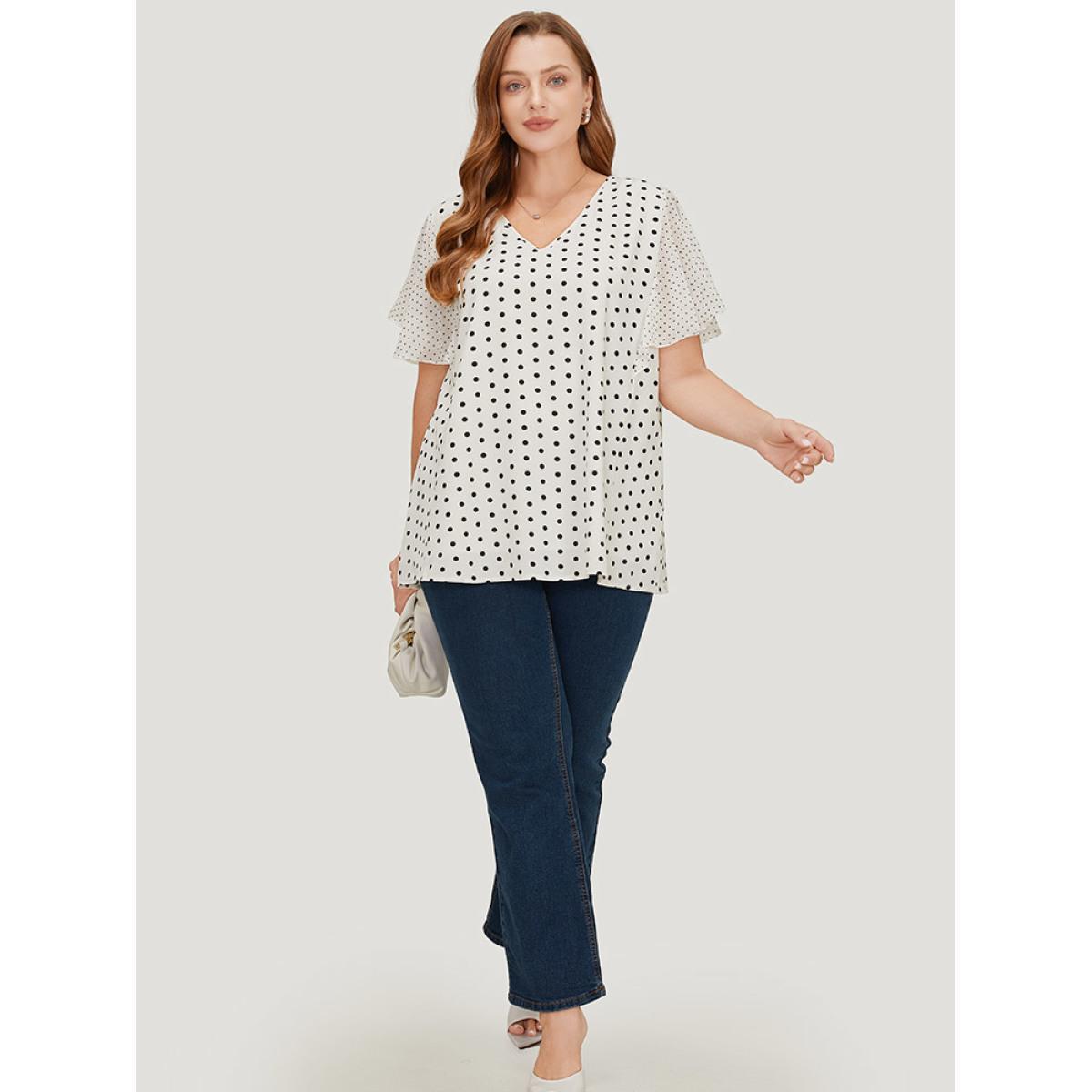 Plus Size White Polka Dot Patchwork Mesh Flutter Sleeve Blouse Women Office Short sleeve V-neck Work Blouses BloomChic 14-16/1X Product Image