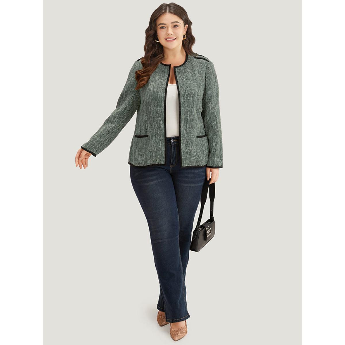 Plus Size Patchwork Contrast Button Detail Pocket Blazer Women Green Contrast Pocket Work Jackets BloomChic 28/5X Product Image