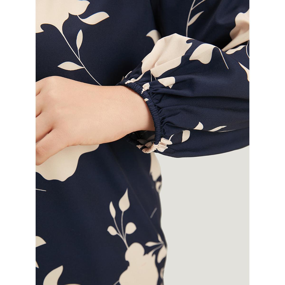 Plus Size Indigo Silhouette Floral Print Stand Collar Tie Neck Blouse Women Elegant Long Sleeve Tie Neck Dailywear Blouses BloomChic 30/6X Product Image
