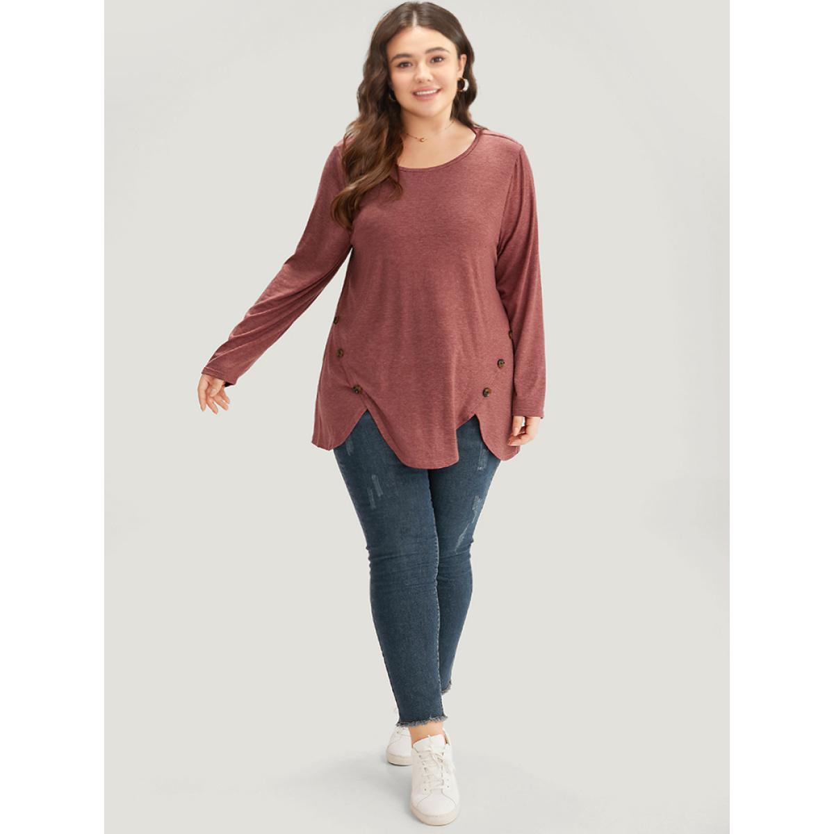 Plus Size Plain Round Neck Button Detail T-shirt Russet Women Casual Plain Plain Round Neck Dailywear T-shirts BloomChic 12/L Product Image