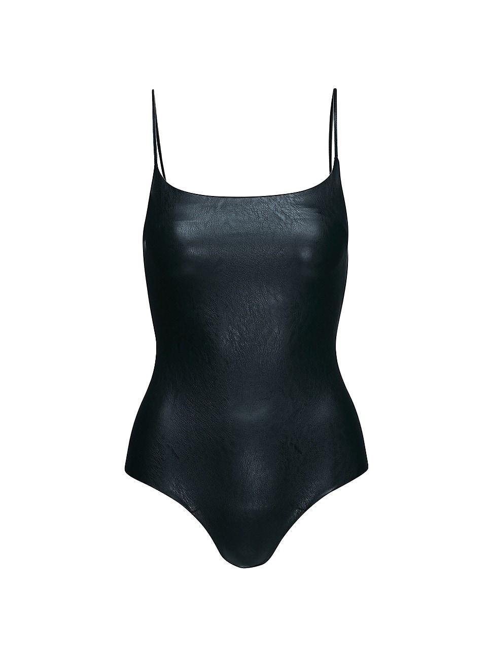 Faux-Leather Spaghetti-Strap Bodysuit Product Image