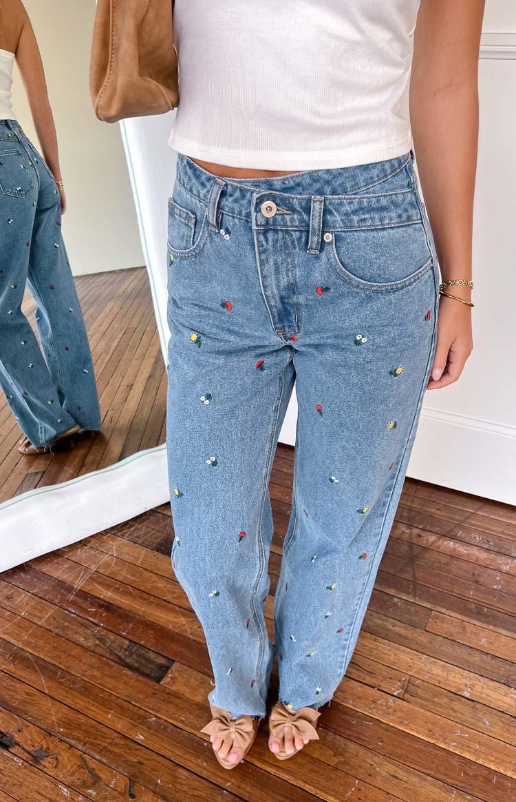 Kansis Blue Embroidered Uneven Waist Jeans Product Image