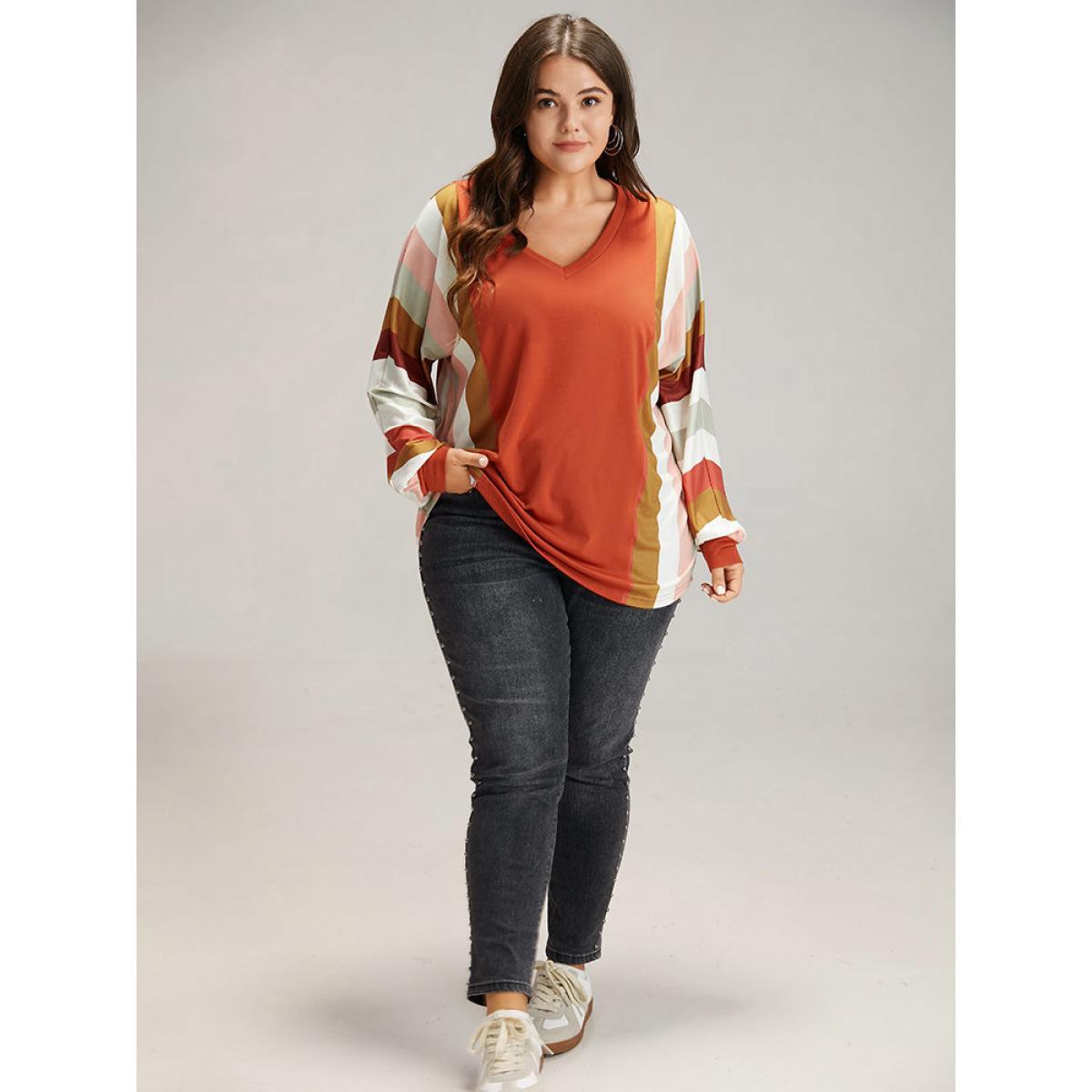 Plus Size Colour Striped V Neck Batwing Sleeve T-shirt Multicolor Women Casual Elastic cuffs Striped V-neck Dailywear T-shirts BloomChic 28/5X Product Image