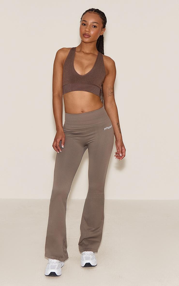 PLT SPORT Brown Seamless Ribbed Detail High Waist Yoga Flares Product Image