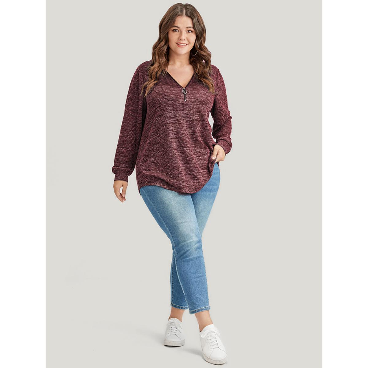 Plus Size Solid O Ring Zip Rib Knit Long Tee Burgundy Women Elegant Zipper Plain Lapel Collar Dailywear T-shirts BloomChic 26/4X Product Image