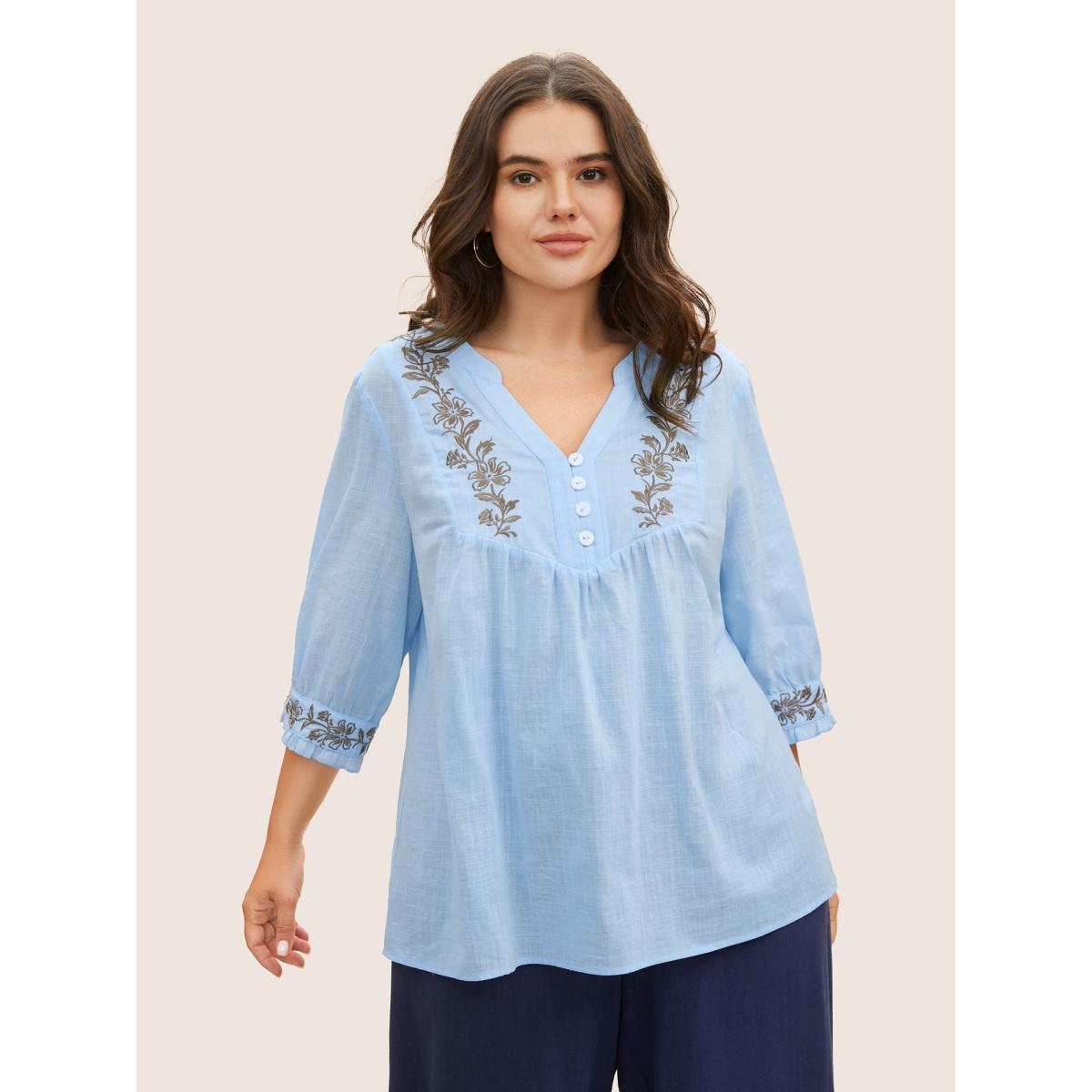 Plus Size LightBlue Cotton Floral Embroidered Notched Collar Frill Trim Blouse Women Casual Elbow-length sleeve Stand-up collar Everyday Blouses BloomChic 30/6X Product Image