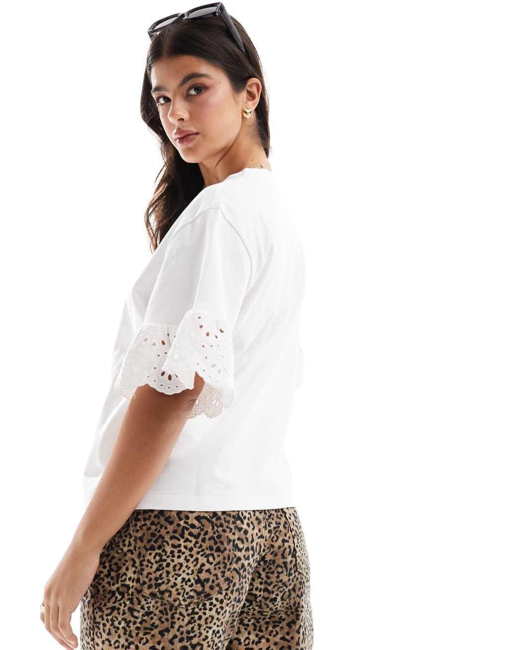 Object eyelet sleeve boxy fit t-shirt in cream Product Image