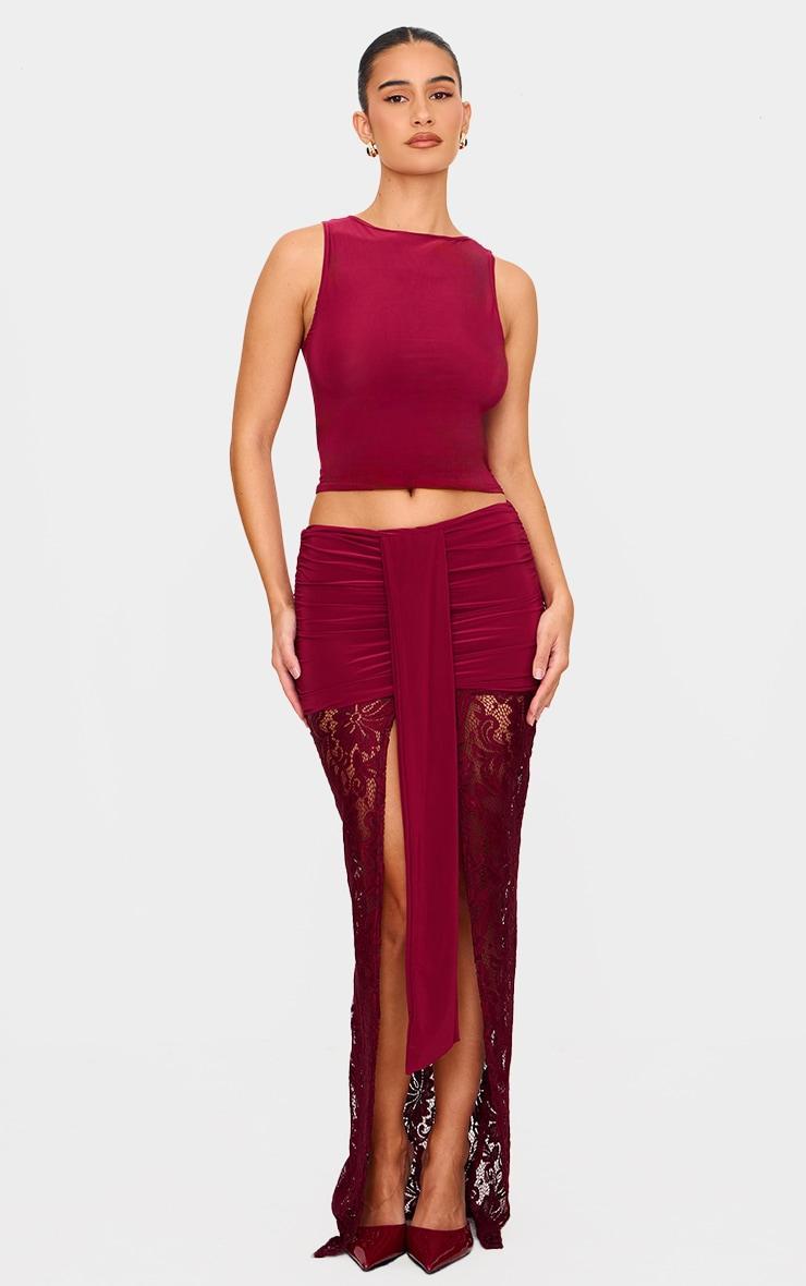 Burgundy Contrast Drape Detail Lace Maxi Skirt Product Image