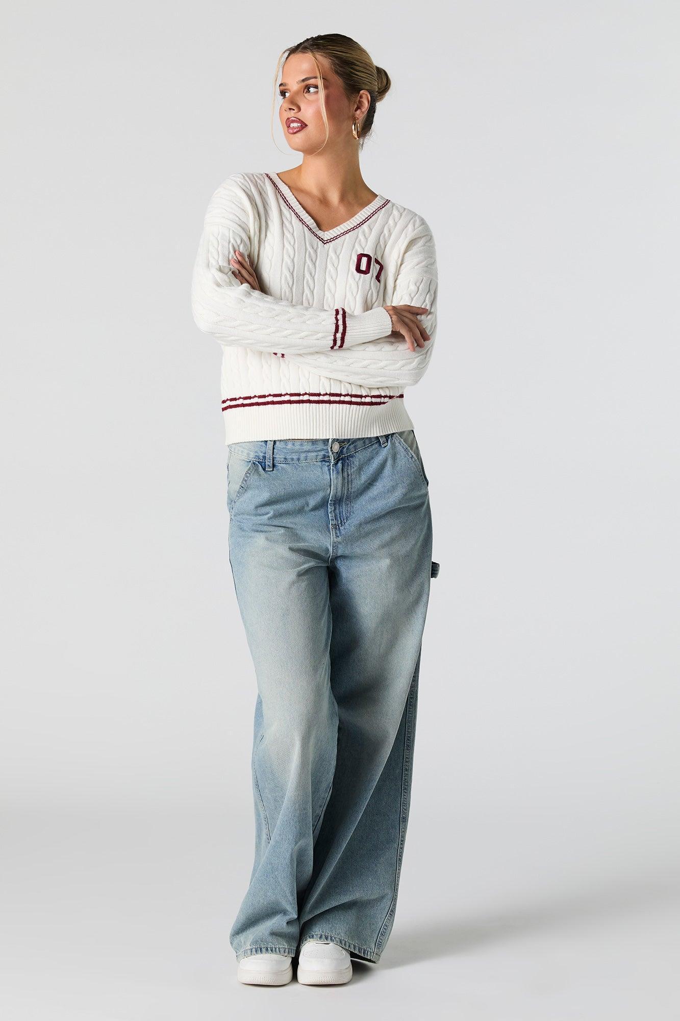Number Embroidered Cable Knit Sweater Female Product Image