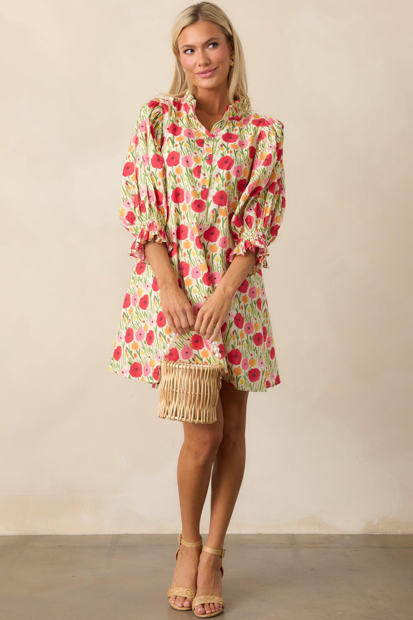 Rose Garden Cotton Red Floral Mini Dress Product Image