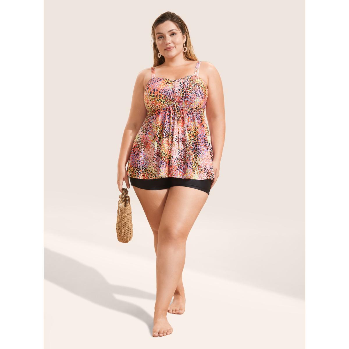 Plus Size Leopard Print Knotted Front Swim Top Women's Swimwear Multicolor Beach Gathered High stretch Skinny Heart neckline Curve Swim Tops BloomChic 18-20/2X Product Image