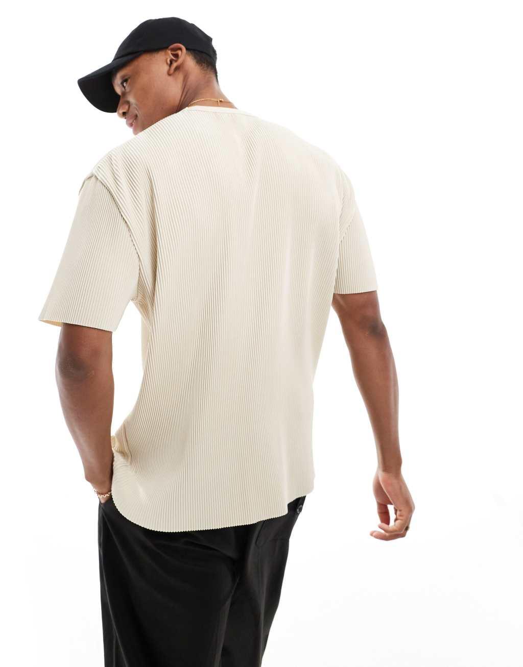 ASOS DESIGN relaxed t-shirt in beige plisse Product Image