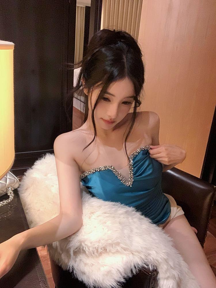 Rhinestone Ruched Tube Top Product Image