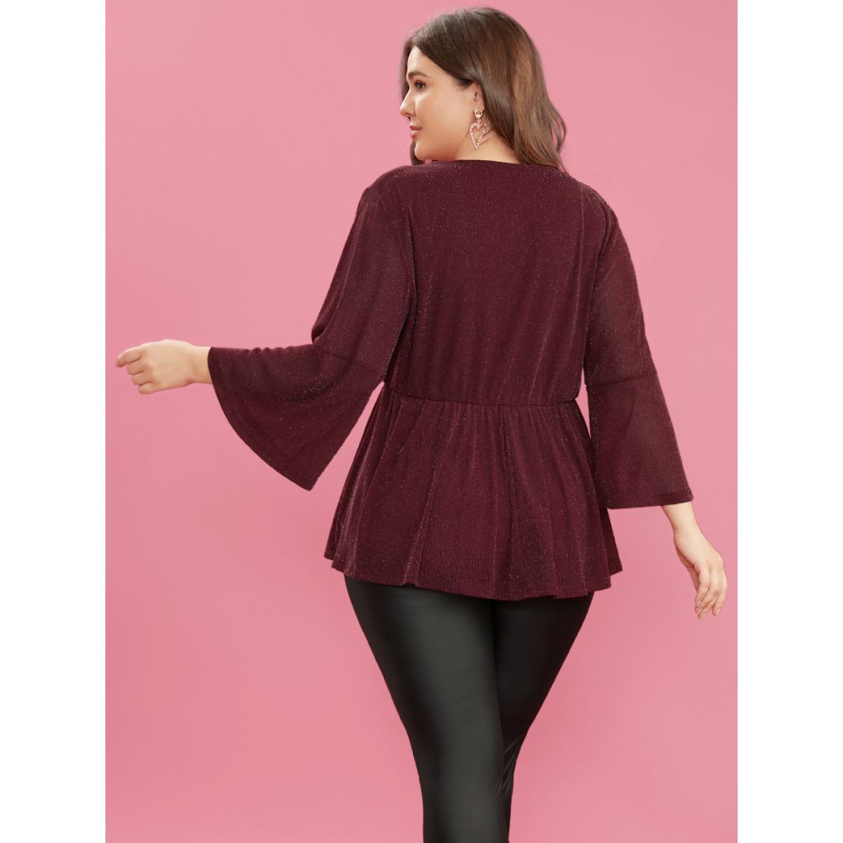 Plus Size Scarlet Solid Surplice Neck Bell Sleeve Glitter Blouse Women Glamour Elbow-length sleeve V-neck Dailywear Blouses BloomChic 30/6X Product Image