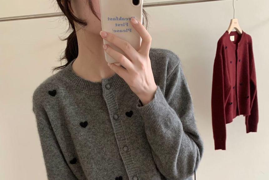 Crew Neck Heart Patterned Cardigan Product Image