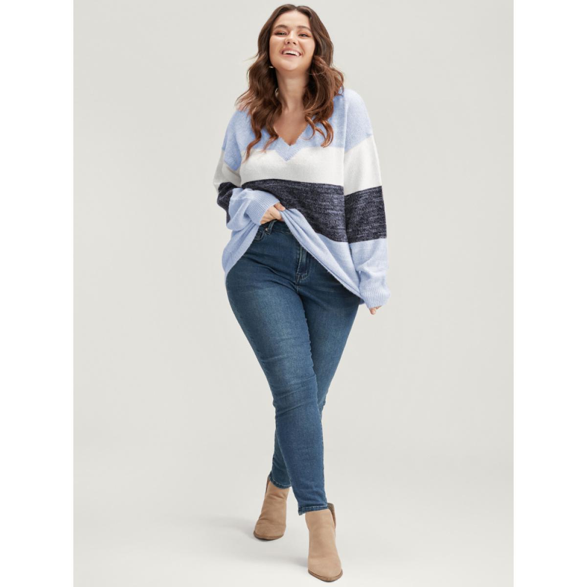 Plus Size Colorblock Contrast Super Soft Plush Knit V Neck Pullover LightBlue Women Elegant Loose Long Sleeve V-neck Dailywear Pullovers BloomChic 10/M Product Image