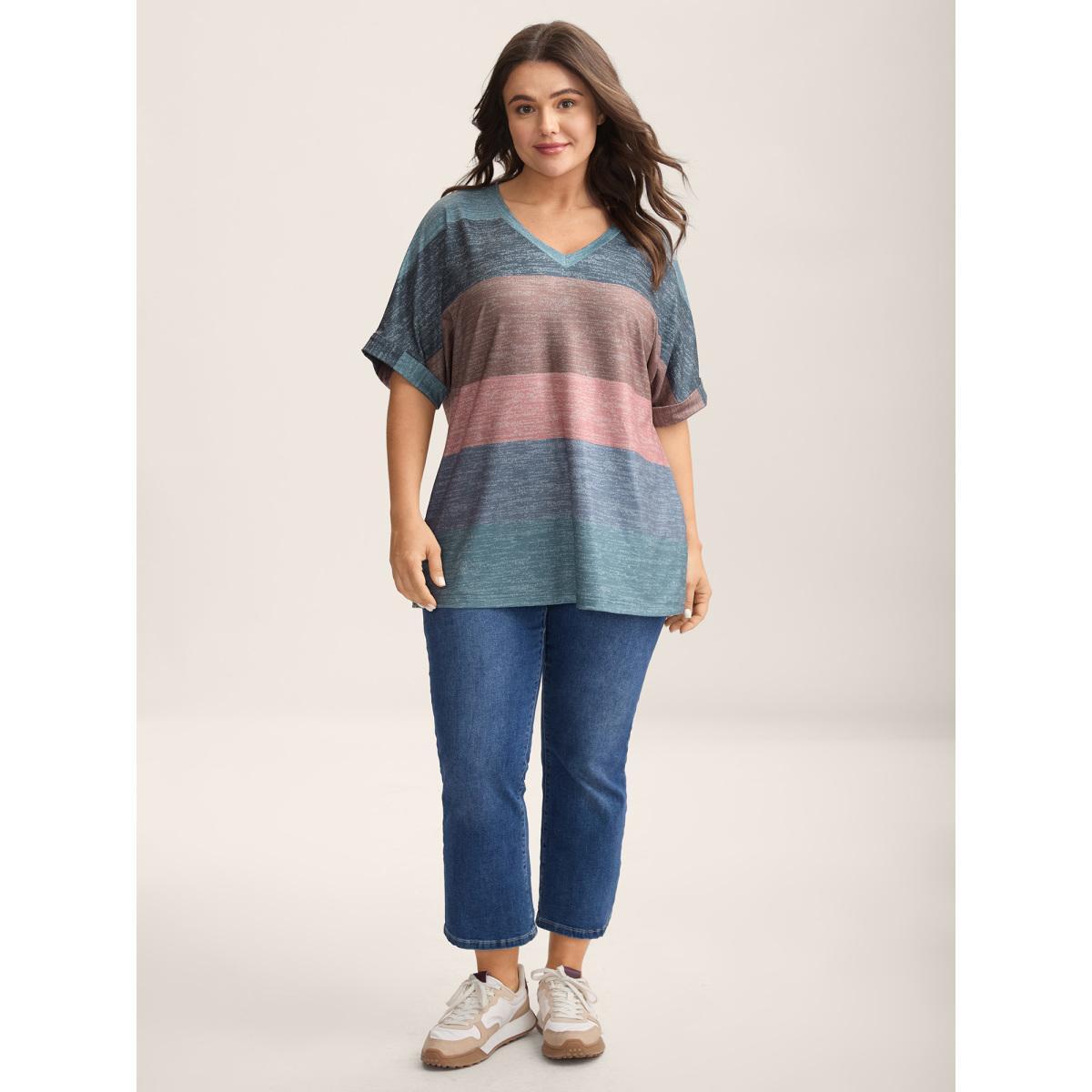 Plus Size Multi-Color Summer Stripes T-Shirt Stone Women Casual Contrast V-neck Everyday-Casual T-shirts BloomChic 28/5X Product Image