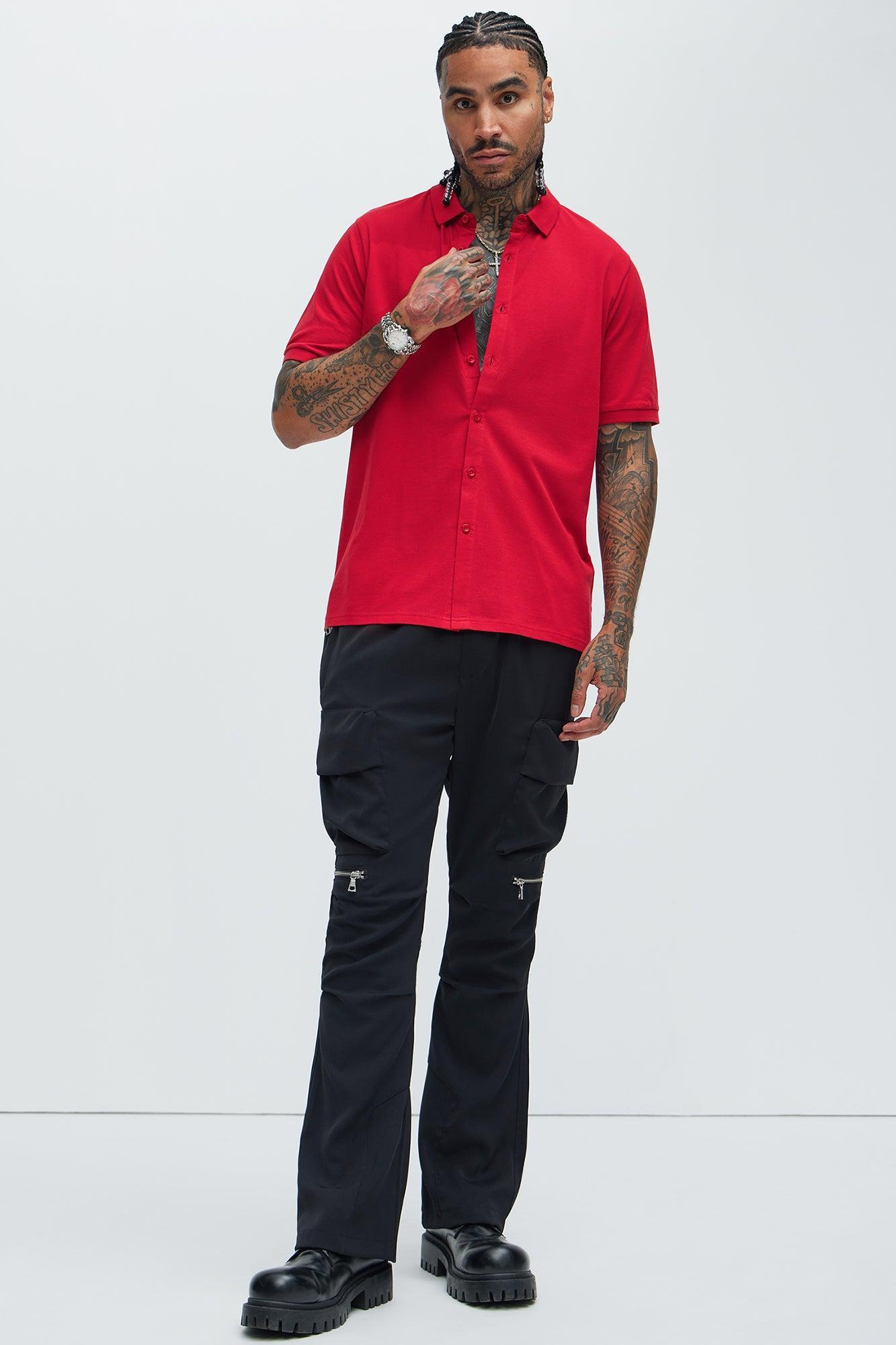 Owen Short Sleeve Knit Button Up - Red Product Image