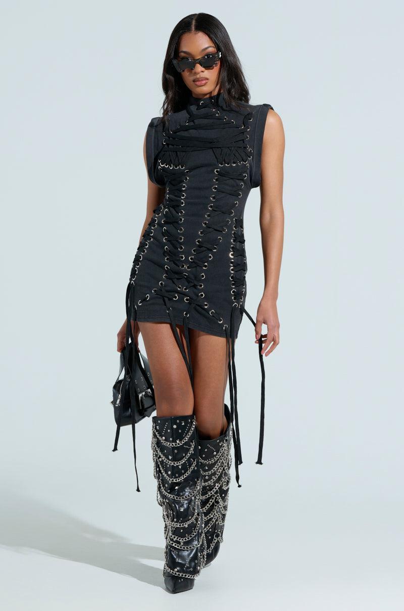 BANKS LACE UP MOCK NECK KNIT MINI DRESS Product Image