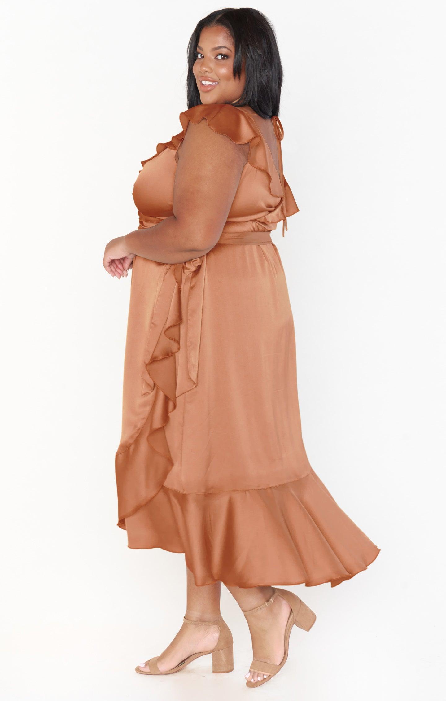 Samantha Ruffle Wrap Dress ~ Copper Luxe Satin Product Image
