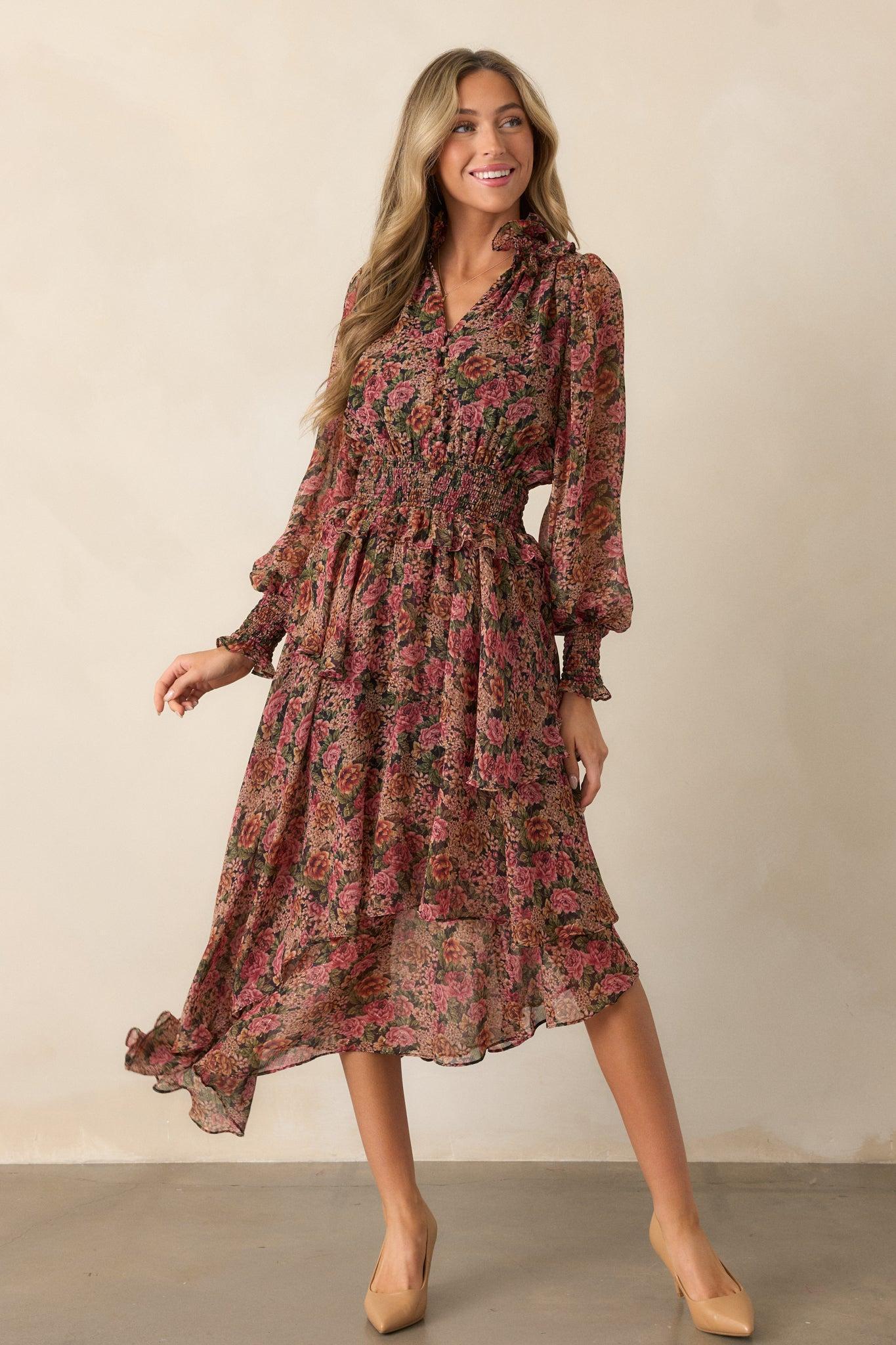 Roses Of Love Black Multi Floral Long Sleeve Ruffle Midi Dress Product Image
