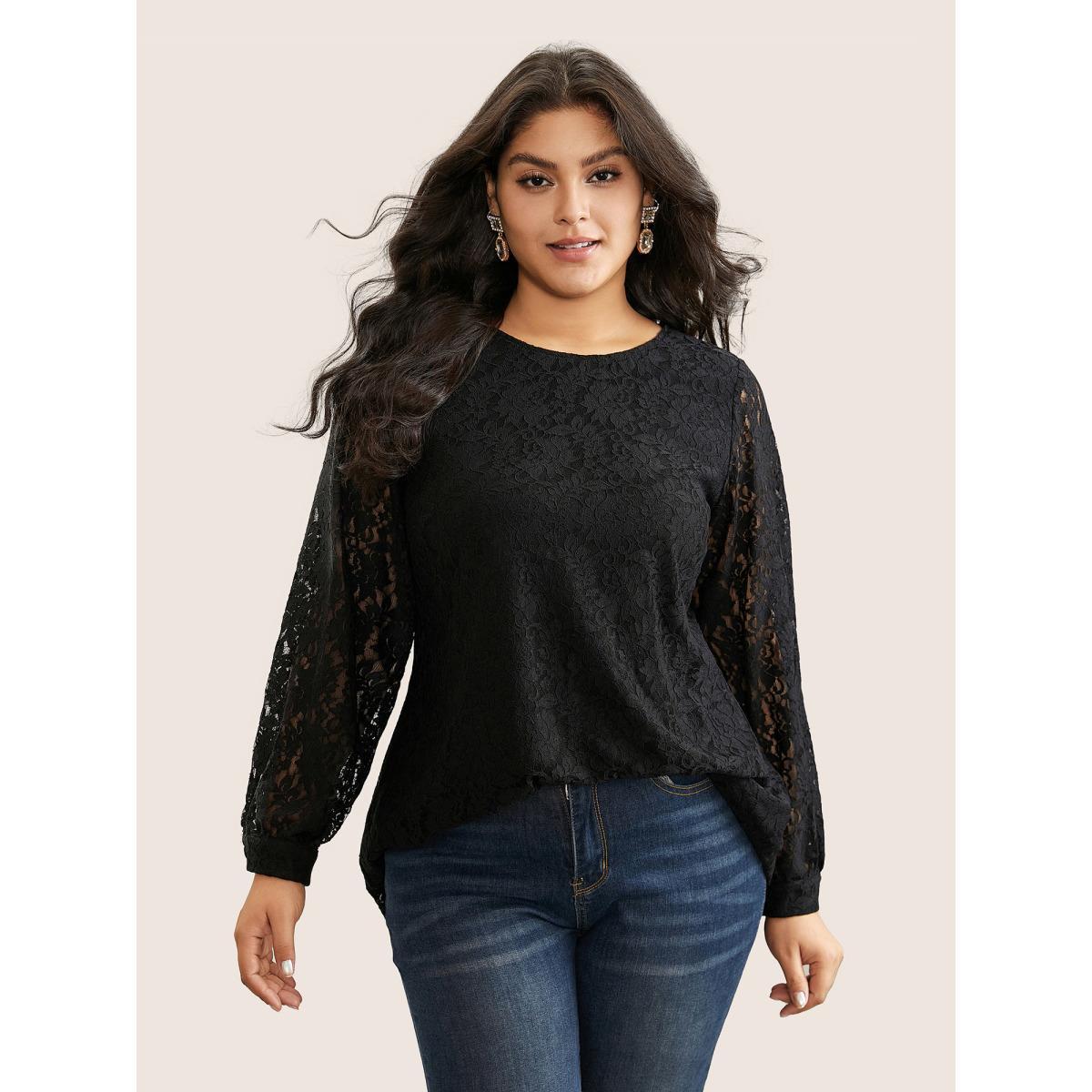 Plus Size Black Solid Crochet Lace Mesh Crew Neck Blouse Women Cocktail Long Sleeve Round Neck Party Blouses BloomChic 28/5X Product Image