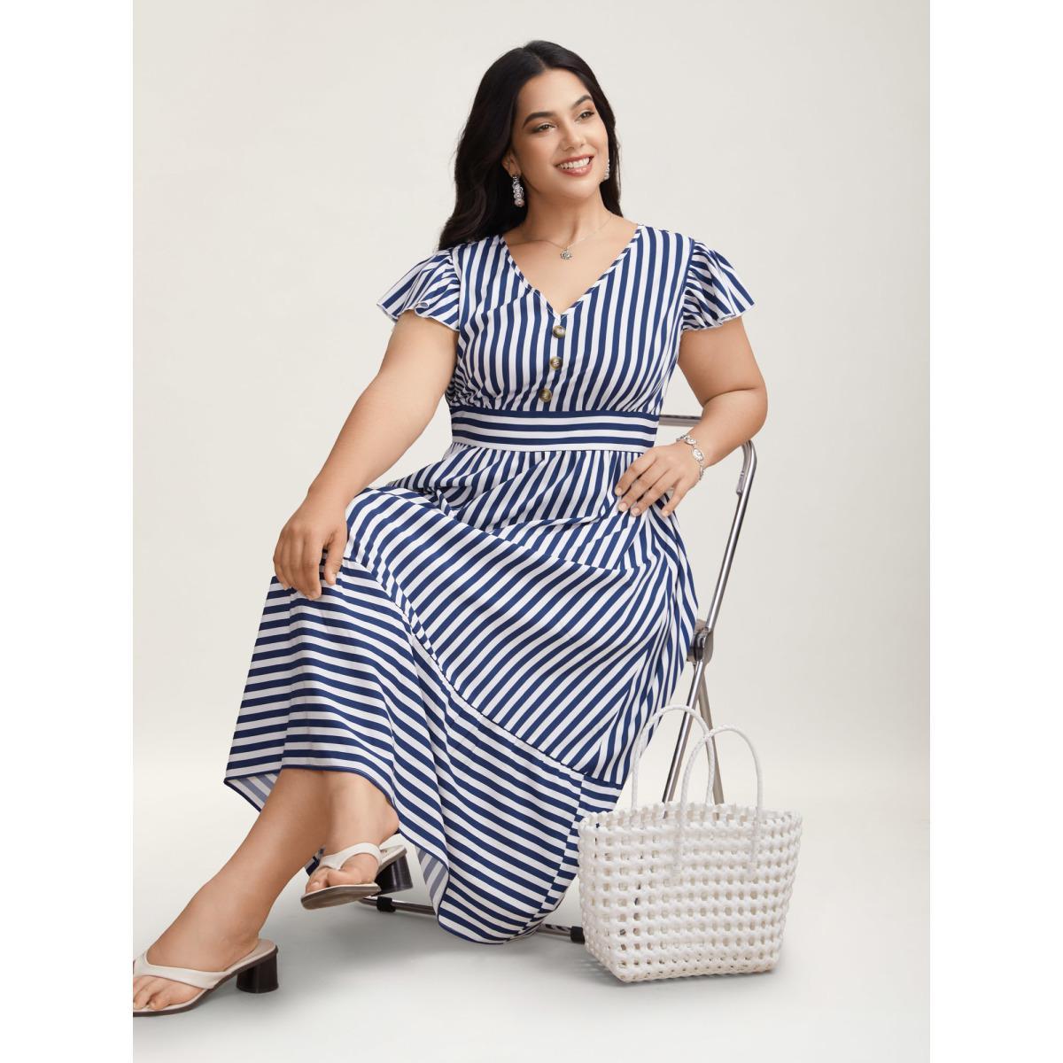 Plus Size Nautical Stripes Stretchy Waist Tiered Midi Dress Navy Women Resort Button V-neck Cap Sleeve Curvy BloomChic 10/M Product Image