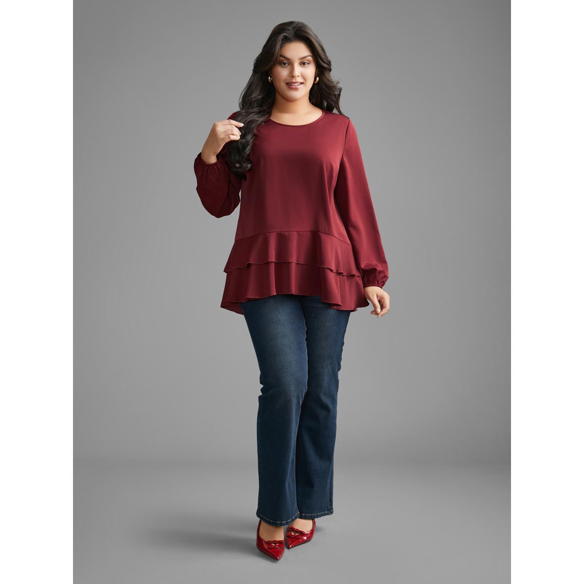 Plus Size Scarlet Plain Tiered Ruffle Hem Lantern Sleeve Blouse Women Elegant Long Sleeve Round Neck Everyday Blouses BloomChic 10/M Product Image