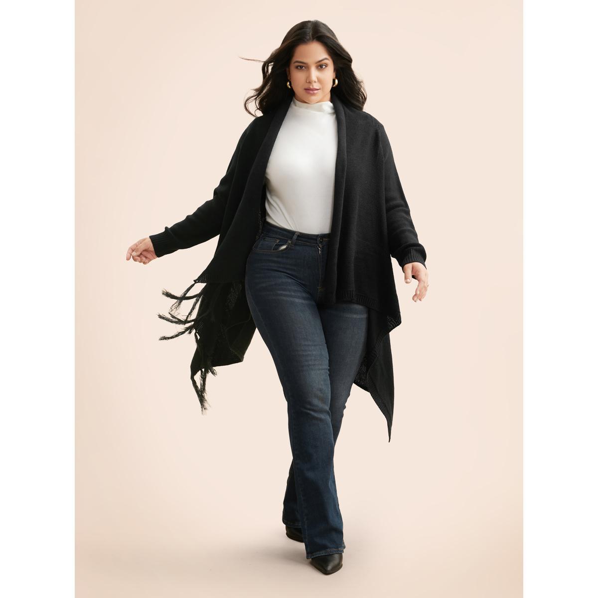 Plus Size Texture Tassel Trim Asymmetrical Hem Cardigan Black Women Casual Loose Long Sleeve Everyday Cardigans BloomChic 30/6X Product Image