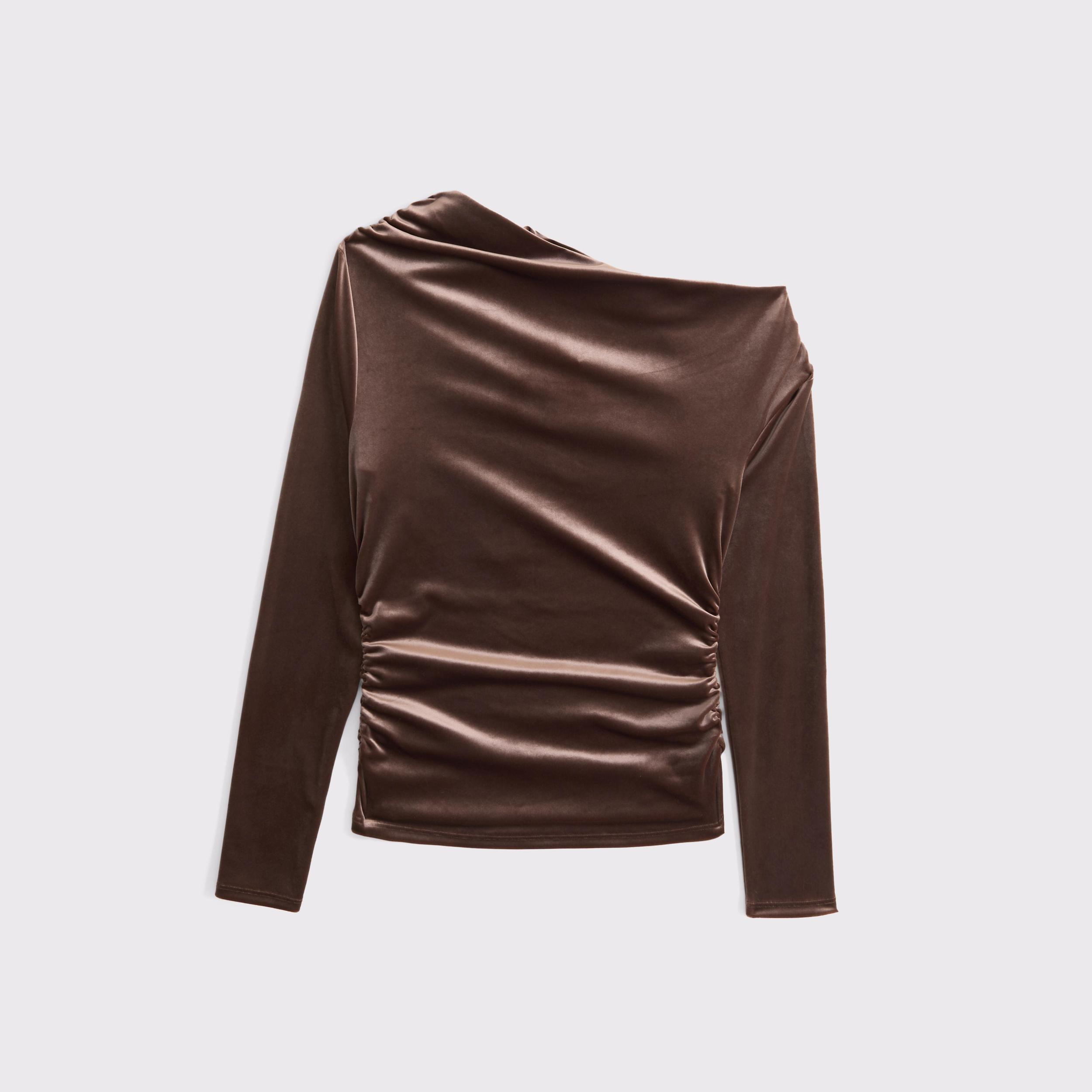 Long-Sleeve Velvet Asymmetrical Draped Top Product Image