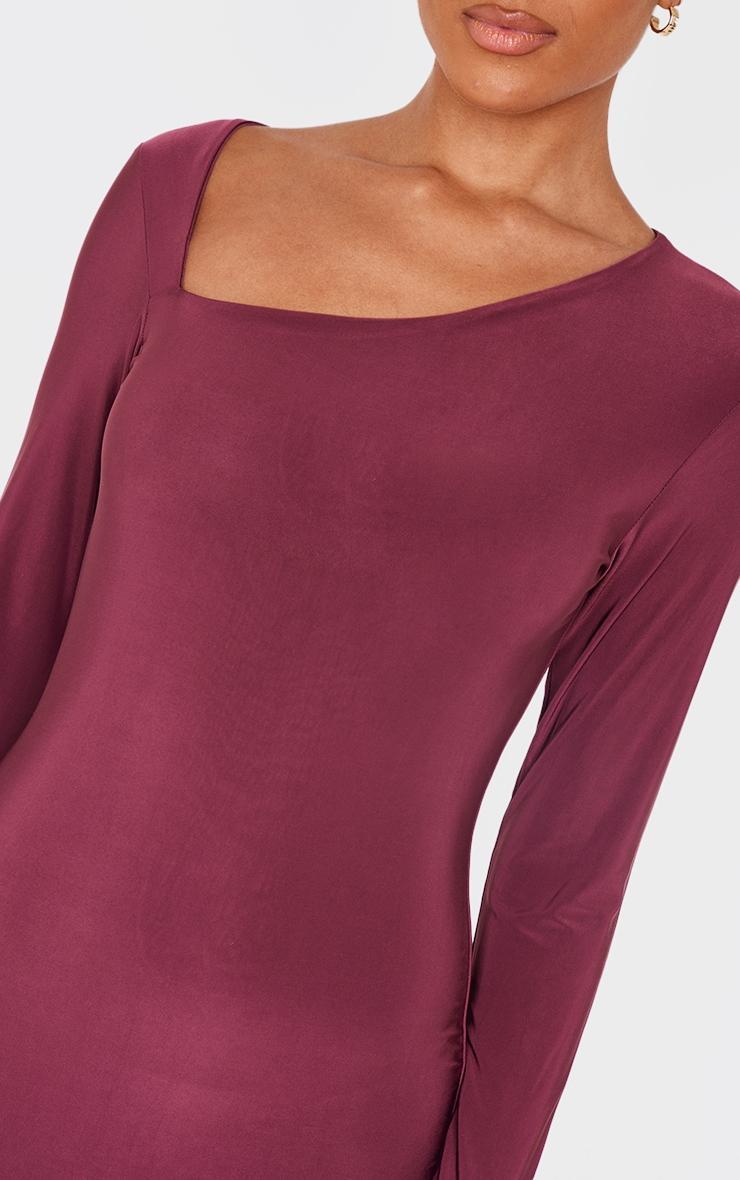 Burgundy Double Slinky Asymmetric Neckline Long Sleeve Maxi Dress Product Image