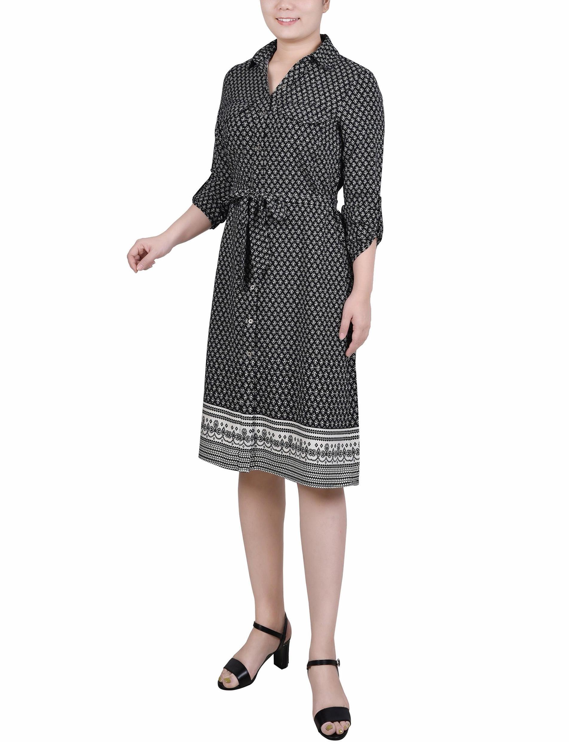 Cypress Inca Gold Navy Zigzag 3/4 Roll Tab Sleeve Belted Shirtdress - Petite Product Image