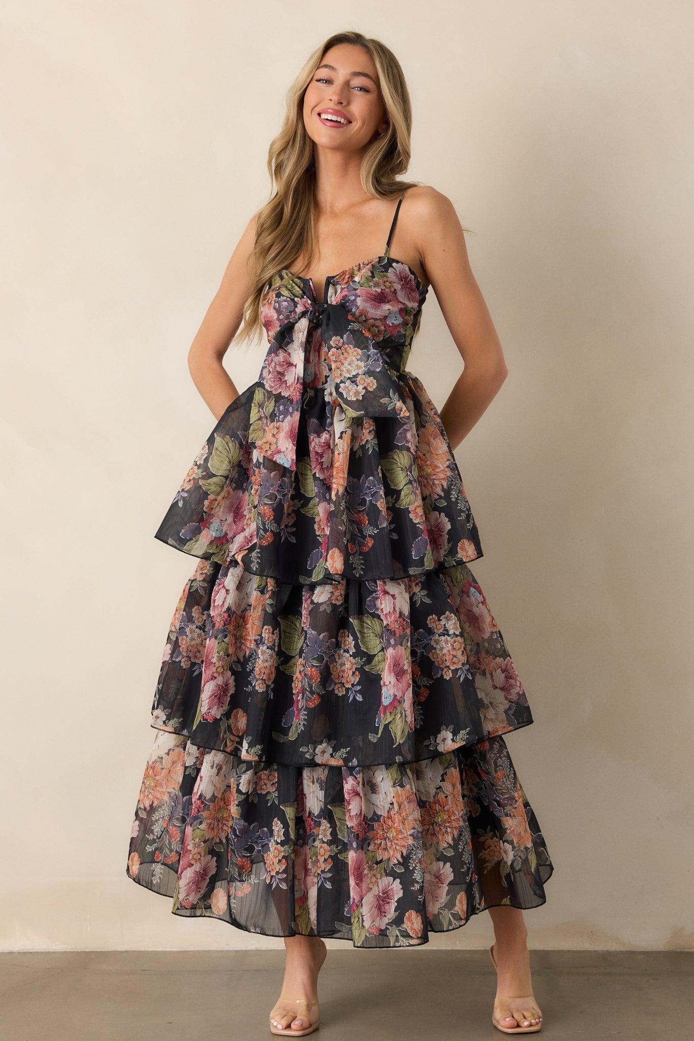 Wishing You Well Navy Floral Tiered Midi Dress Product Image
