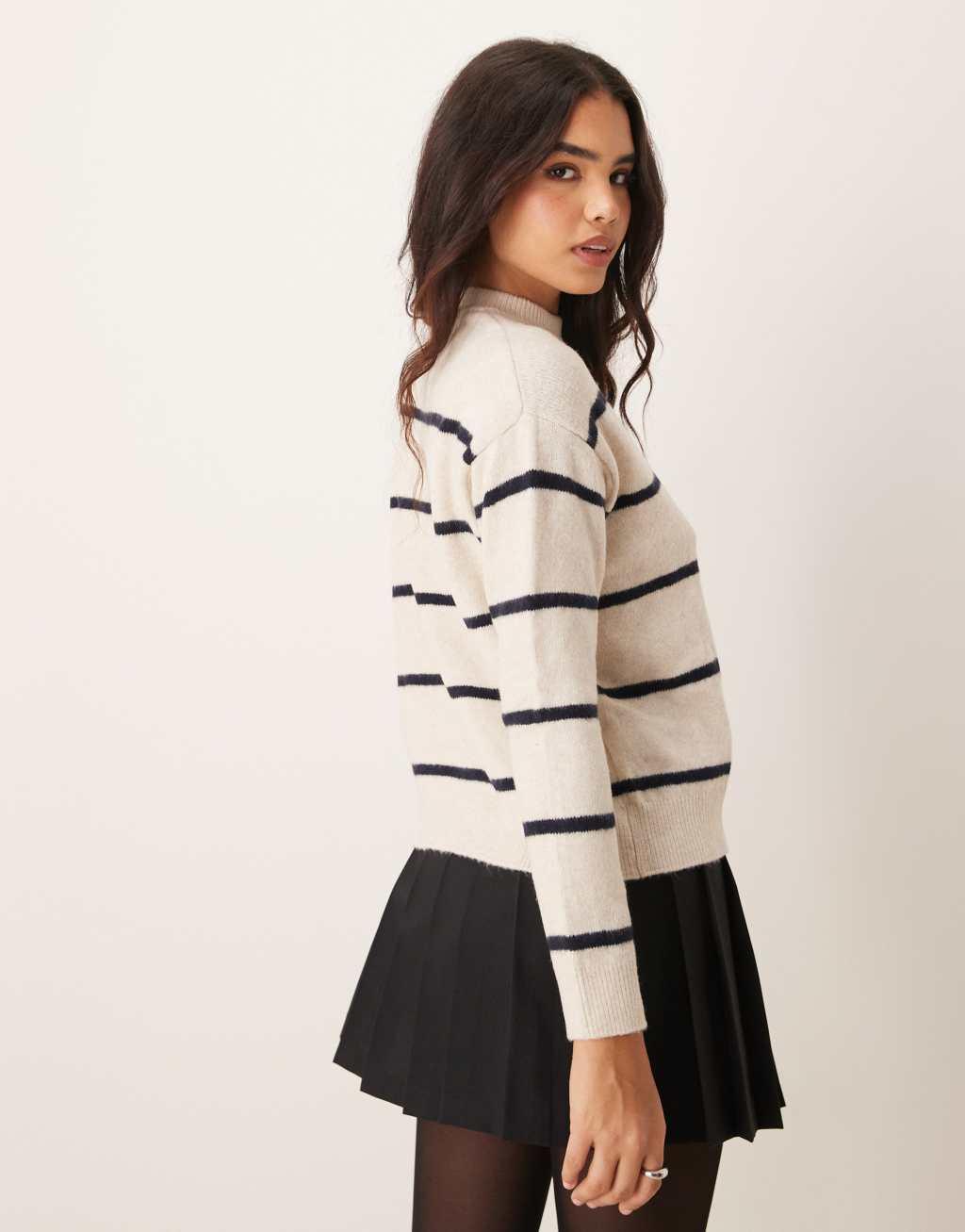 Mango high neck stripe soft sweater in brown Product Image