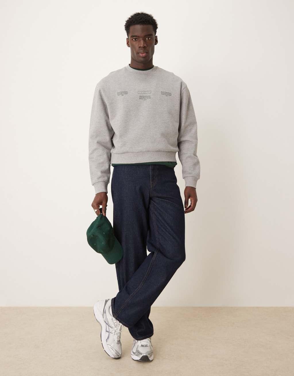ASOS DESIGN oversized drop shoulder sweatshirt with sunset print in gray heather Product Image
