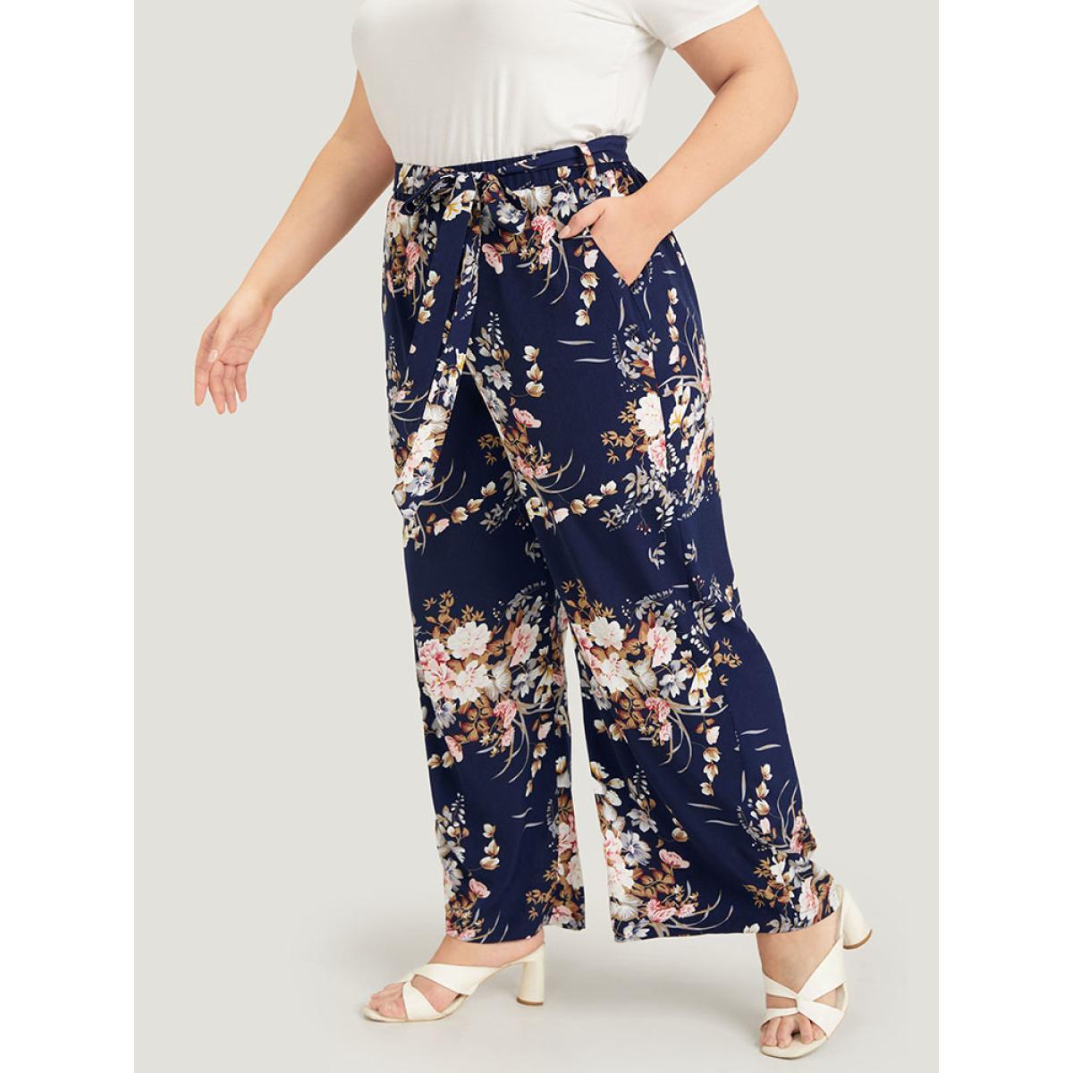 Plus Size Floral Pocket High Rise Wide Leg Belt Pants Women Indigo Elegant Loose High Rise Dailywear Pants BloomChic 12/L Product Image