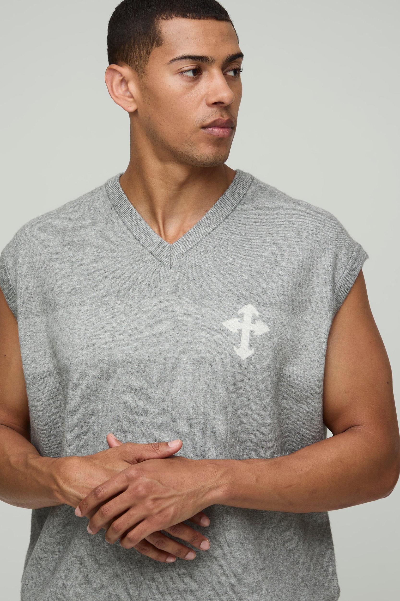 Oversized Boxy Cross Jacquard Knitted Vest | boohooMAN USA Product Image