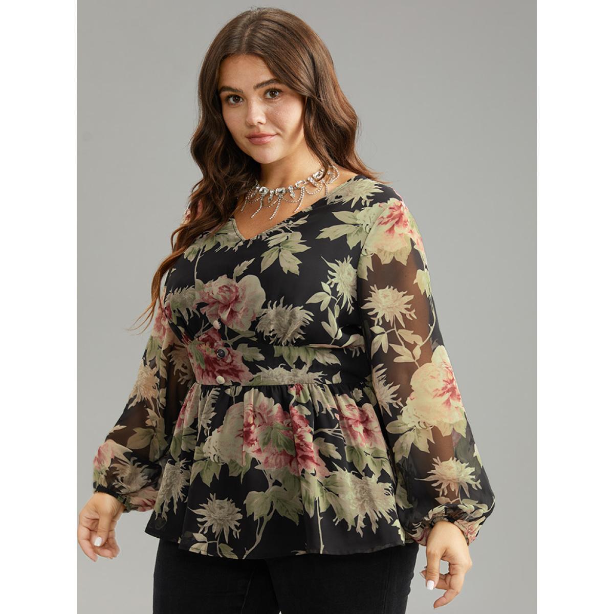 Plus Size Black Floral Flutter Hem Elastic Waist Blouse Women Elegant Long Sleeve V-neck Everyday Blouses BloomChic 22-24/3X Product Image