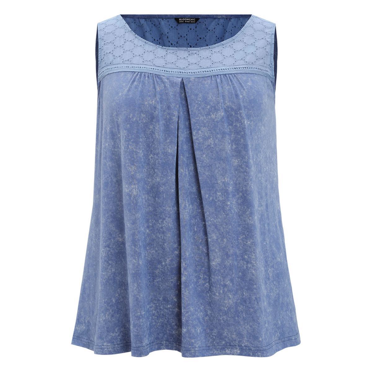 Plus Size Solid Plicated Detail Crochet Lace Tank Top Women Stone Elegant Gathered Round Neck Dailywear Tank Tops Camis BloomChic 10/M Product Image