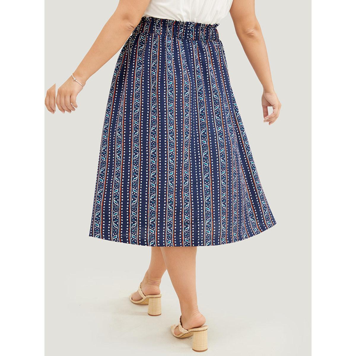 Plus Size Striped Print Pocket Paperbag Waist Skirt Women Indigo Vacation No stretch Pocket Dailywear Skirts BloomChic 12/L Product Image
