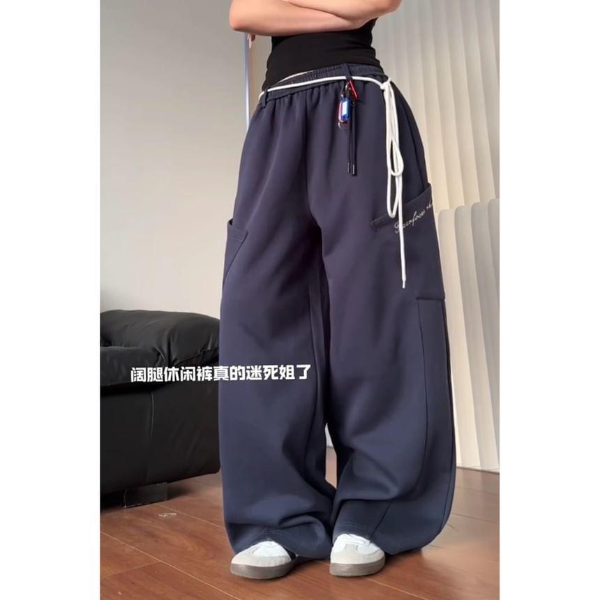 Mid Rise Lettering Wide Leg Cargo Pants Product Image