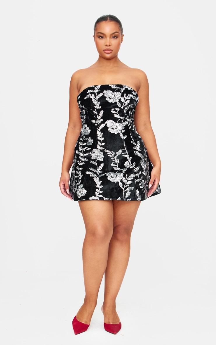 Black Velvet Floral Sequin Embellished A-line Dress Product Image