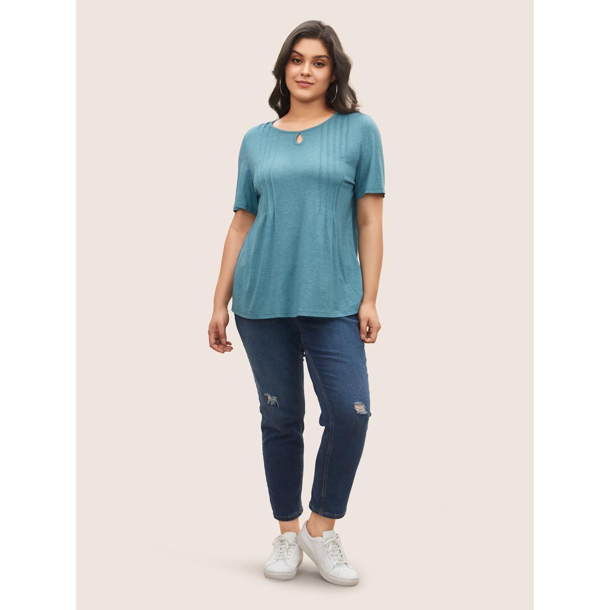 Plus Size Solid Seam Detail Keyhole T-shirt LightBlue Women Casual Pleated Round Neck Everyday T-shirts BloomChic 30/6X Product Image