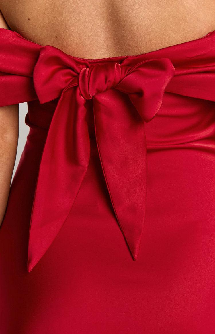 Primrose Red Satin Off the Shoulder Mini Dress Product Image