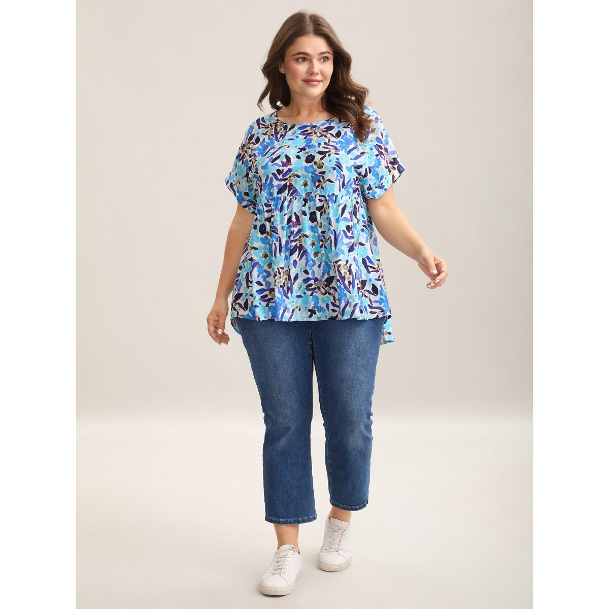 Plus Size LightBlue Fruit Print Curved Hem Batwing Sleeve Blouse Women Casual Cap Sleeve Round Neck Everyday Blouses BloomChic 22-24/3X Product Image